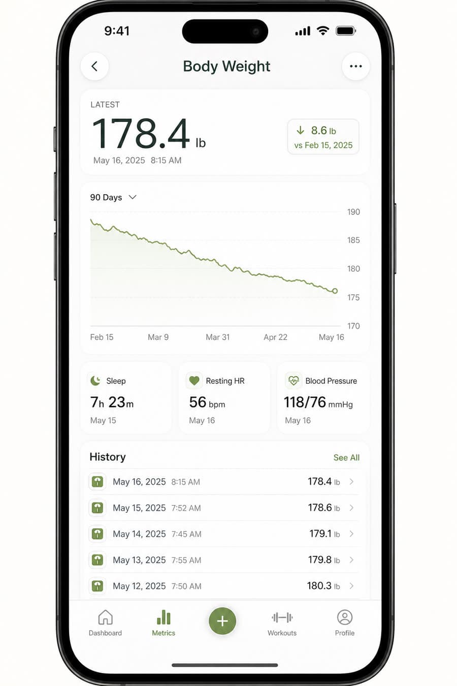 Workout AI body weight and health metrics screen