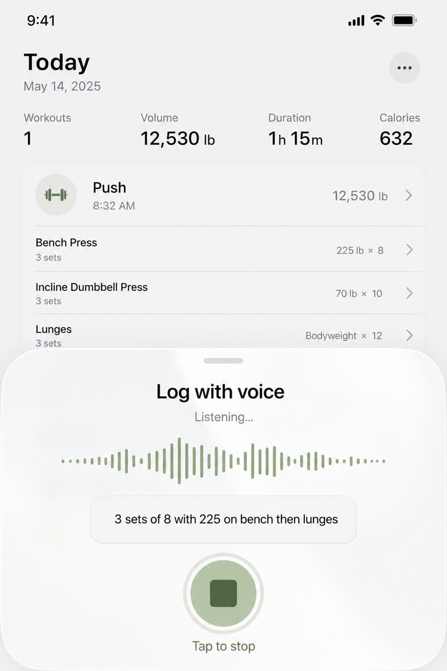 Workout AI voice logging screen